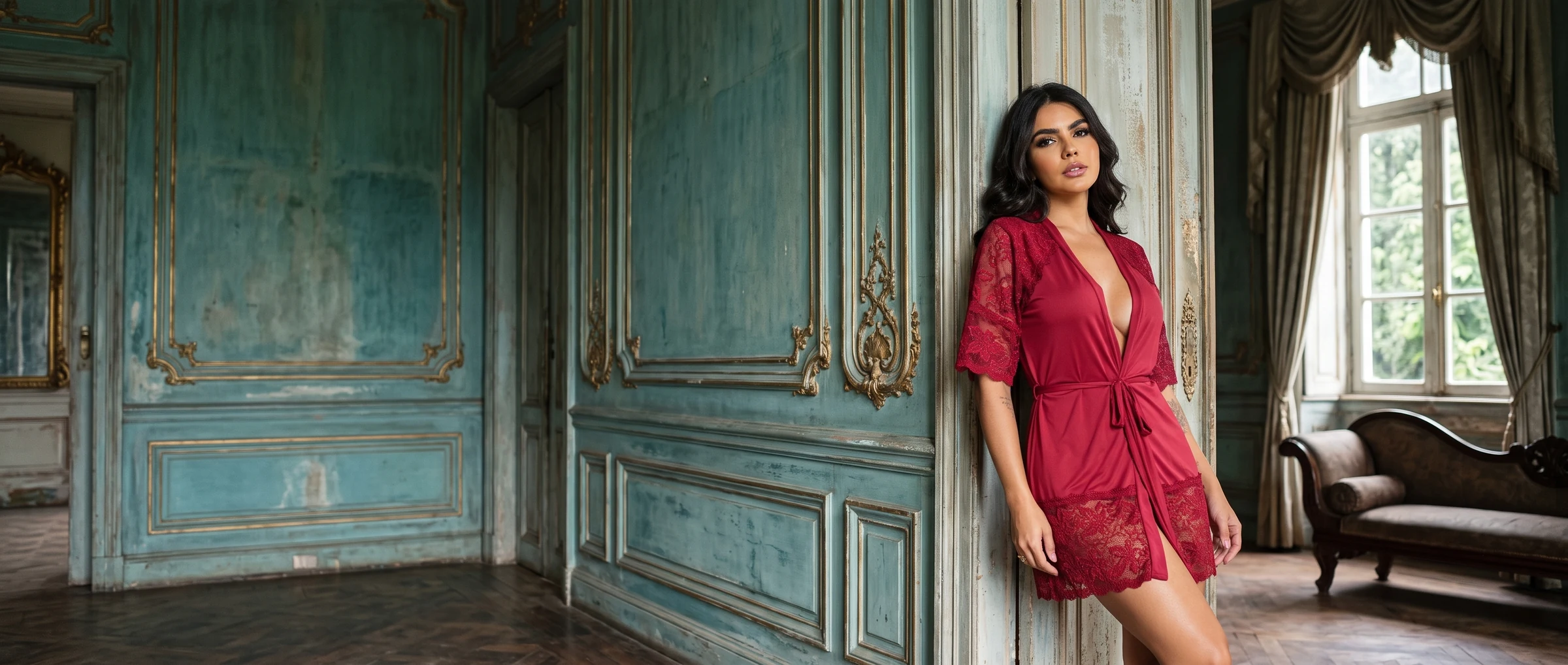 Model wearing a red lace-trimmed robe against turquoise and ivory panelling.